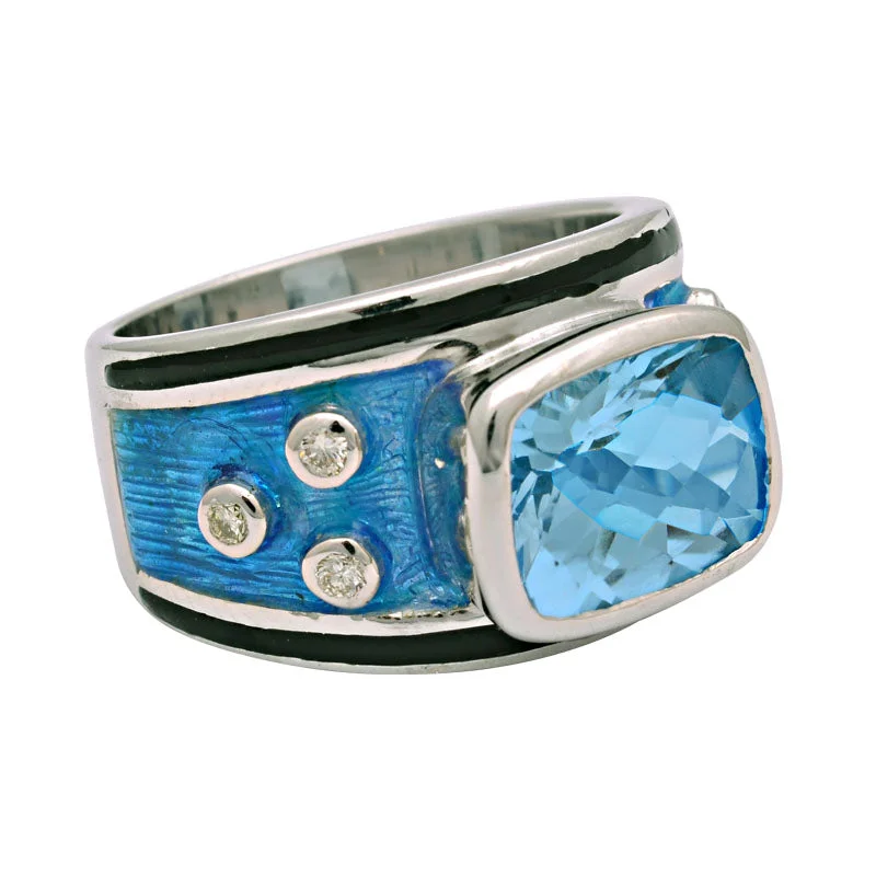 Ladies rings adjustable size -Ring-Blue Topaz and Diamond (Enamel)