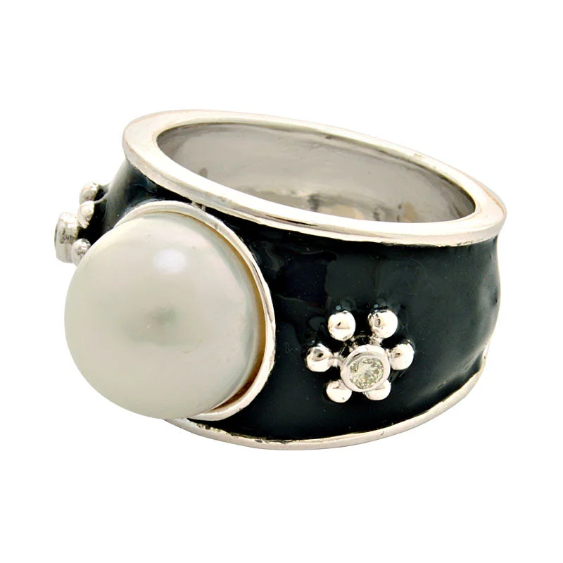 Ladies rings with owl motifs -Ring-South Sea Pearl and Diamond (Enamel)