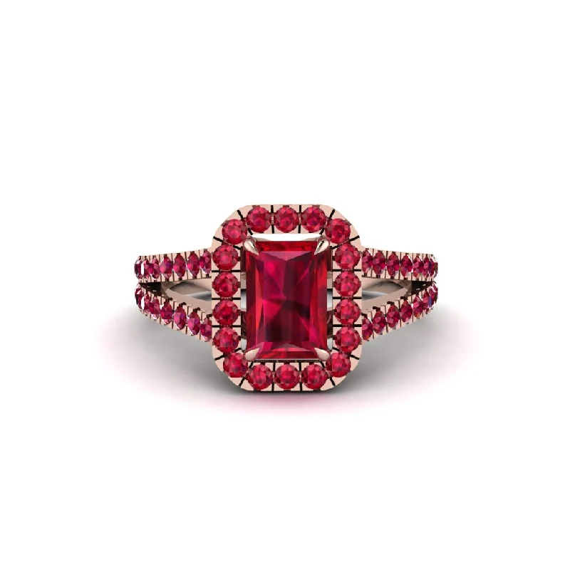 Ladies engagement rings sleek finish -Radiant Cut Ruby Halo Split Shank Engagement Ring - Lainey No. 56