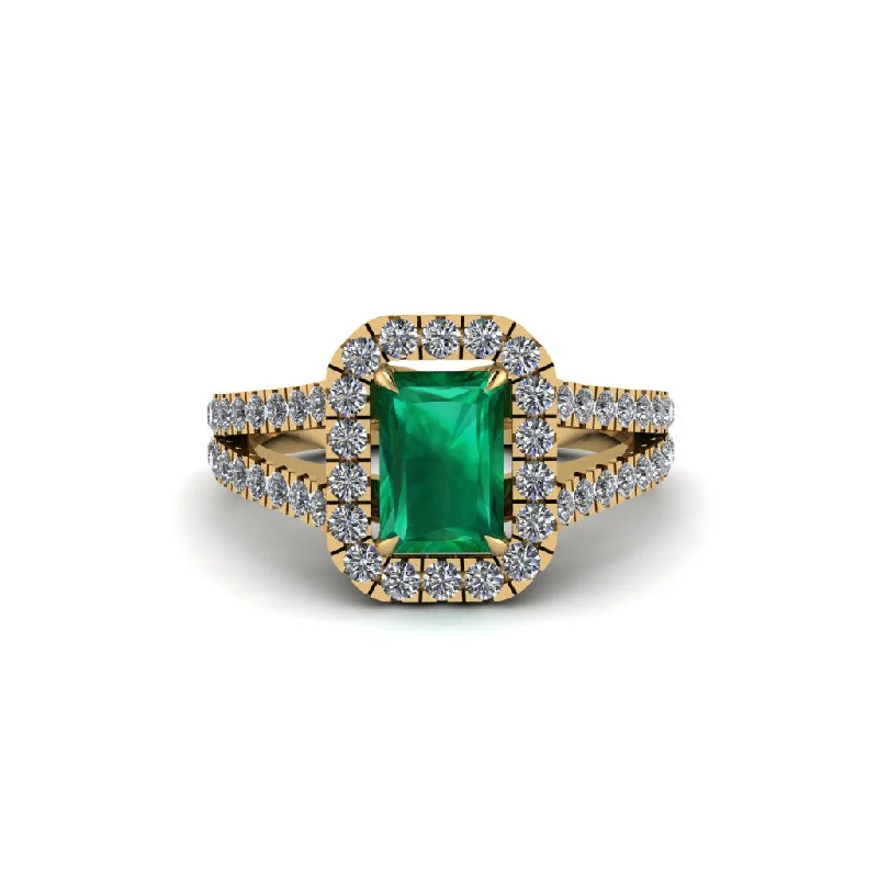 Ladies engagement rings polished finish -Radiant Cut Emerald Halo Split Shank Engagement Ring - Lainey No. 4