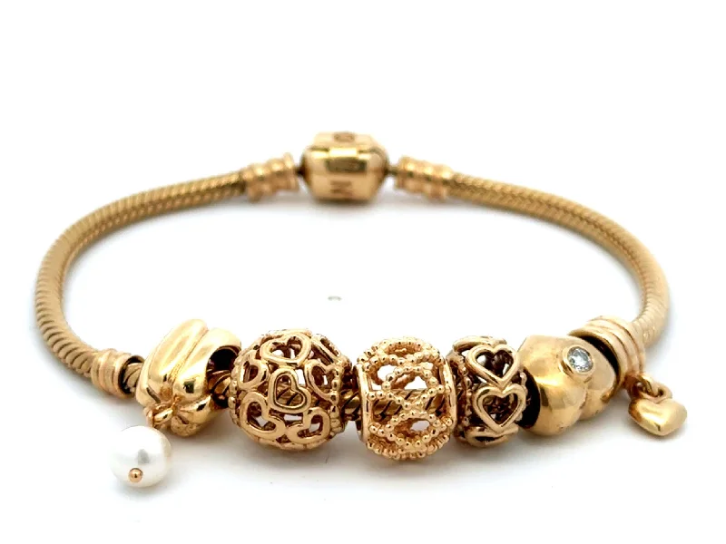 ladies-rustic-rose-gold-bracelets-Pandora 14k Solid Yellow Gold 6 Charm Diamond Heart Bracelet