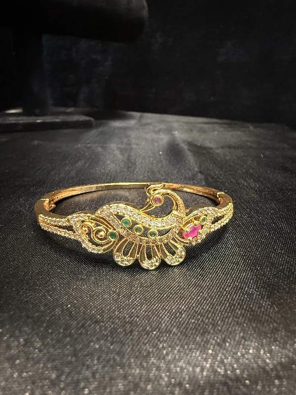 ladies-bangle-diamond-bracelets-Beautiful Gold Plated With Green Hot Pink And White Stone Bracelet With Beautiful Peacock Design