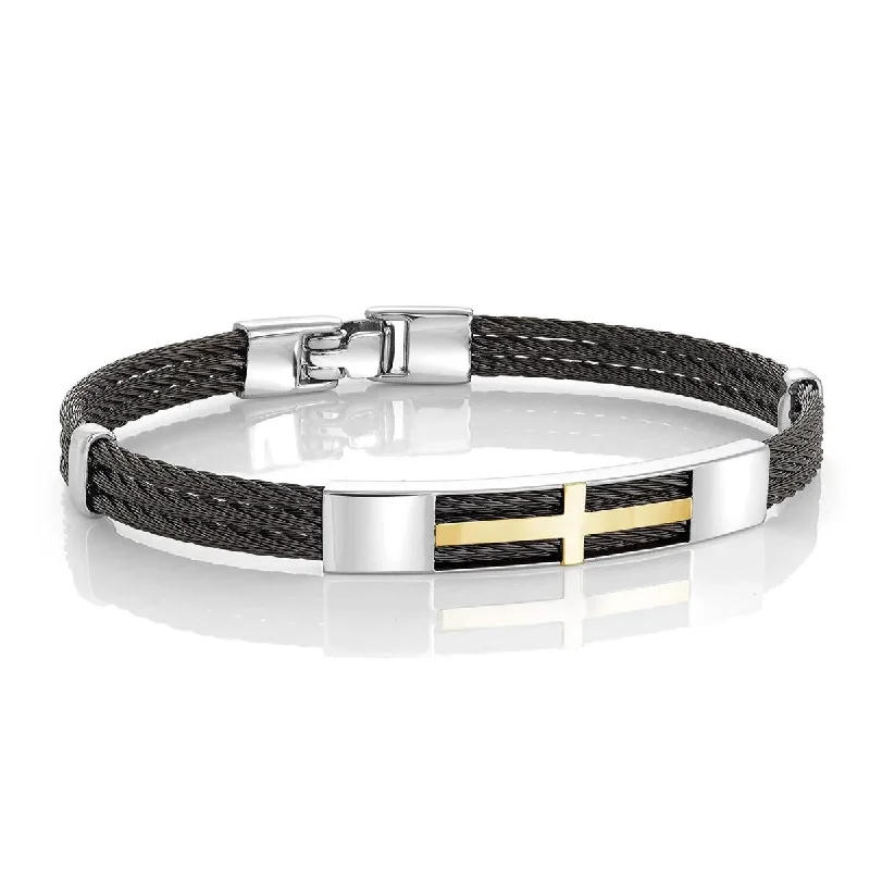 ladies-trendy-gold-bracelets-MEN'S BLACK ION PLATED STEEL CROSS BANGLE BRACELET