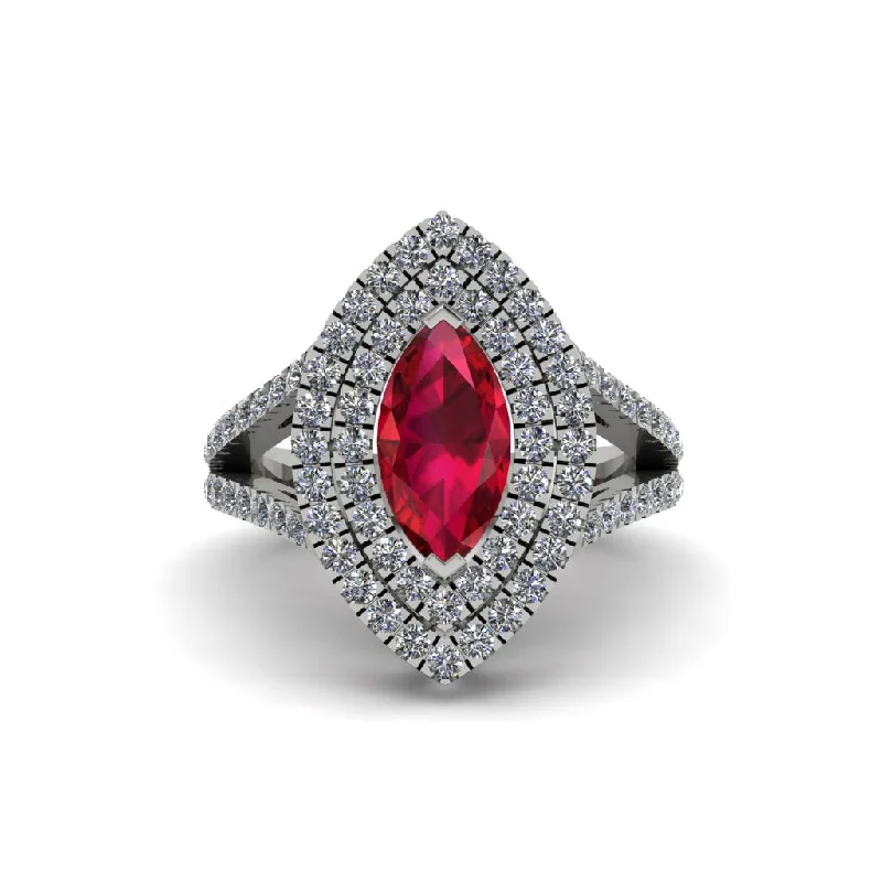 Ladies engagement rings glossy band -Marquise Ruby Double Halo Engagement Ring - Avah No. 12