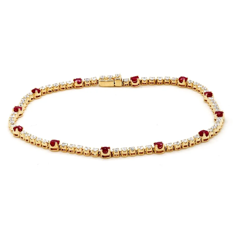 ladies-birthstone-cuff-bracelets-YELLOW GOLD BRACELET WITH RUBIES AND DIAMONDS, 1.14 CT TW