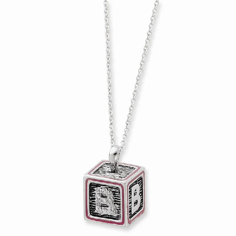 ladies-rustic-pearl-necklaces-Rhodium Sterling Silver & Pink Enamel Family Building Block Necklace