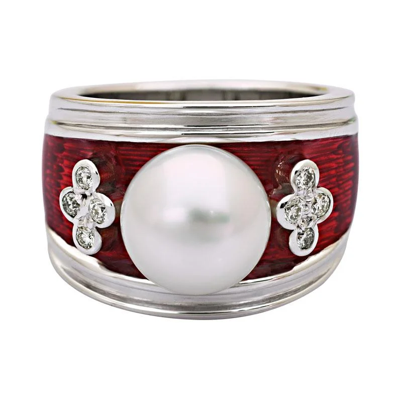 Ladies rings twisted designs -Ring-South Sea Pearl and Diamond (Enamel)  (211CS)