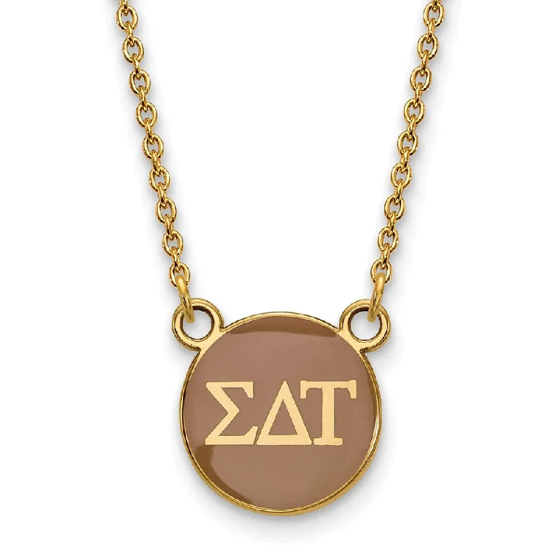 ladies-cross-heart-necklaces-14K Plated Silver Sigma Delta Tau Small Tan Enamel Disc Necklace