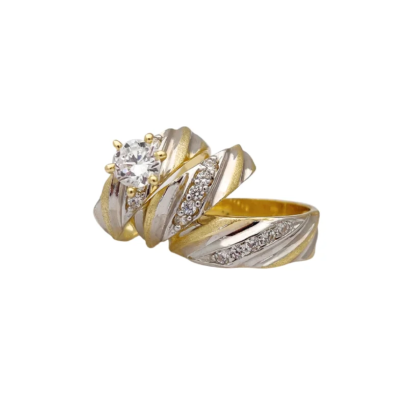 Ladies engagement rings with diamonds -Satin & Cream CZ Three-Piece Engagement Ring Set (14K)