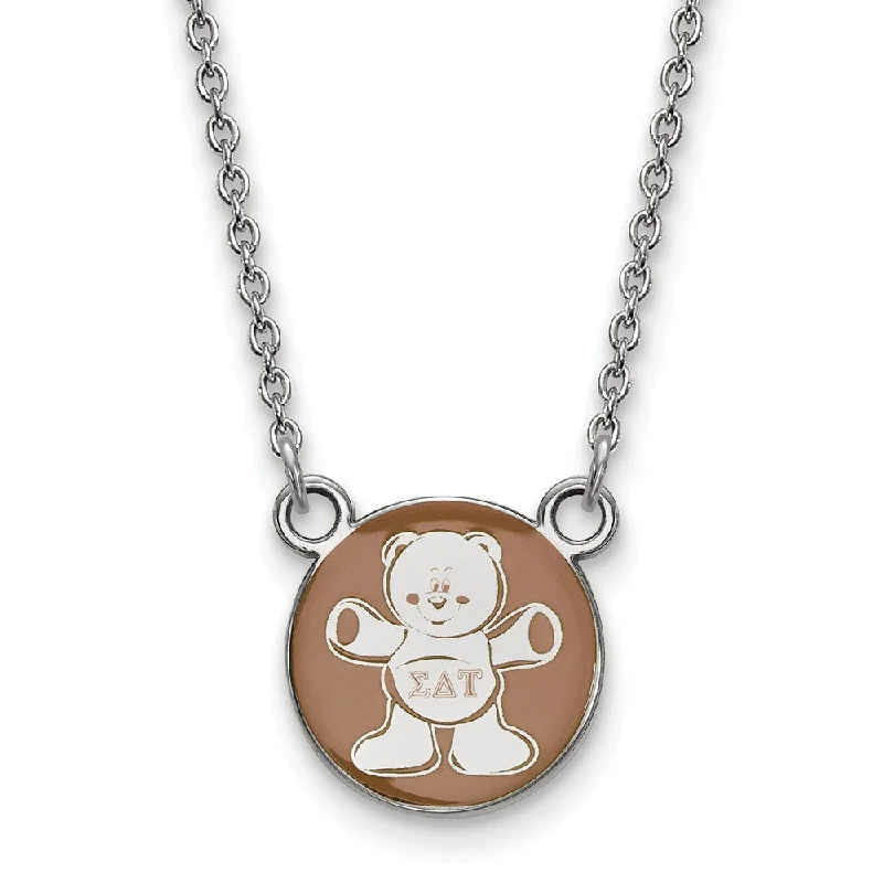 ladies-custom-crystal-necklaces-Sterling Silver Sigma Delta Tau Small Enamel Bear Disc Necklace