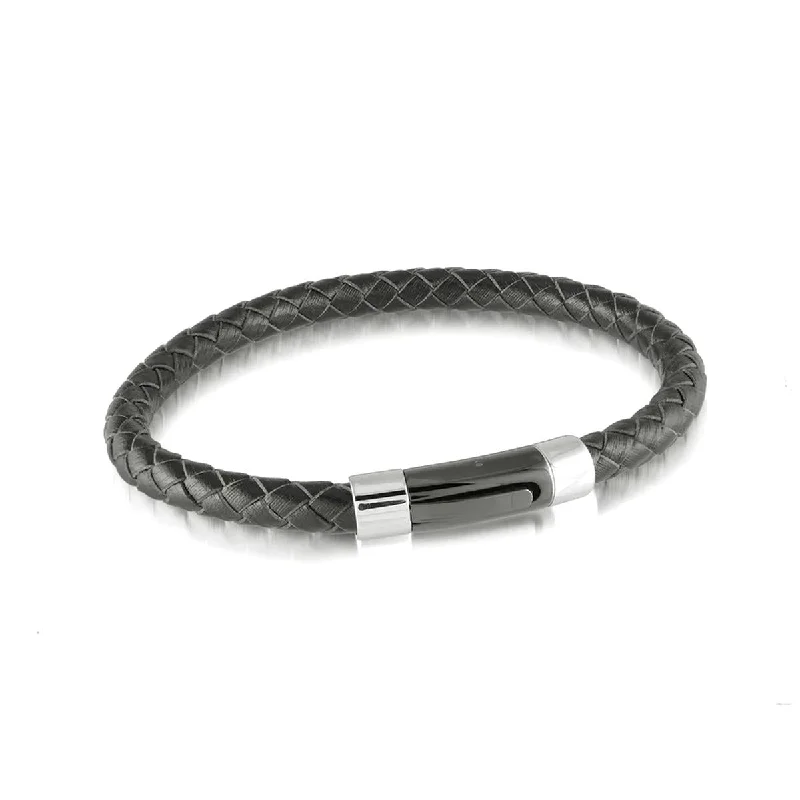 ladies-luxury-gold-bracelets-MEN'S BLACK LEATHER AND STAINLESS STEEL BRACELET