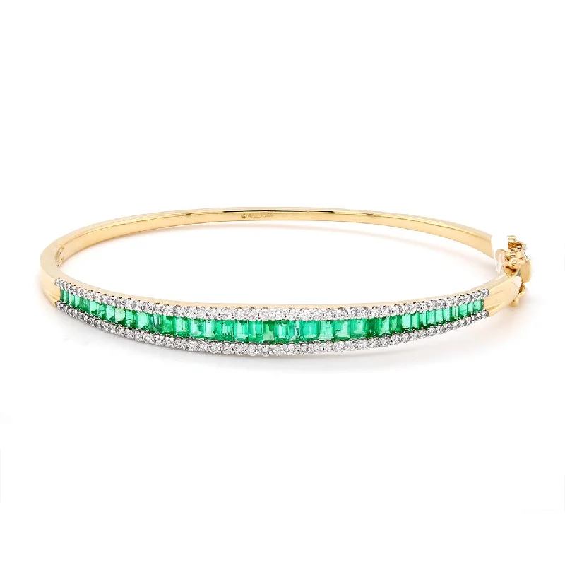 ladies-trendy-bangle-bracelets-YELLOW GOLD BANGLE BRACELET WITH BAGUETTE EMERALDS AND DIAMONDS, .78 CT TW