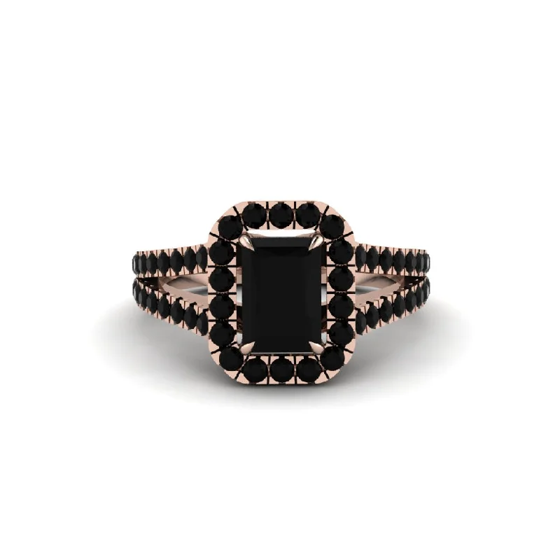 Ladies engagement rings with sunstone -Radiant Cut Black Diamond Halo Split Shank Engagement Ring - Lainey No. 38