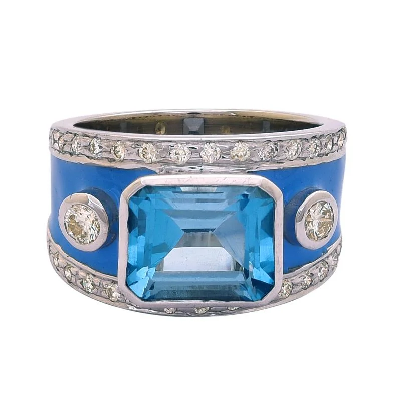 Ladies rings with wave designs -Ring- Blue Topaz and Diamond (Enamel)  (244RS)