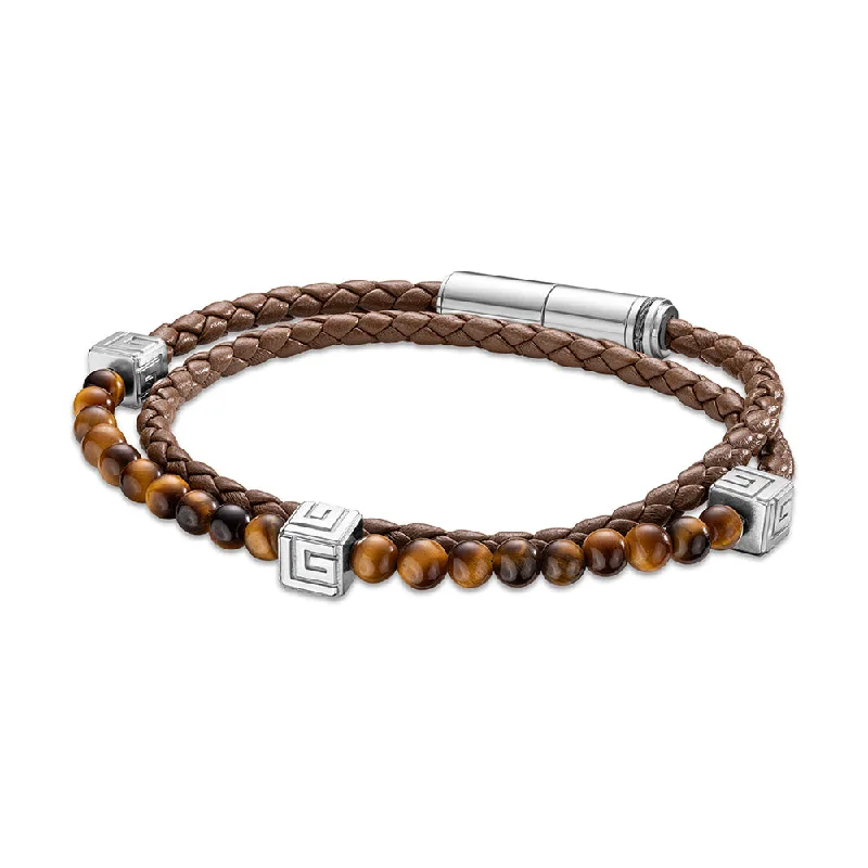 ladies-everyday-silver-bracelets-Victor Stainless Steel And Brown Bracelet