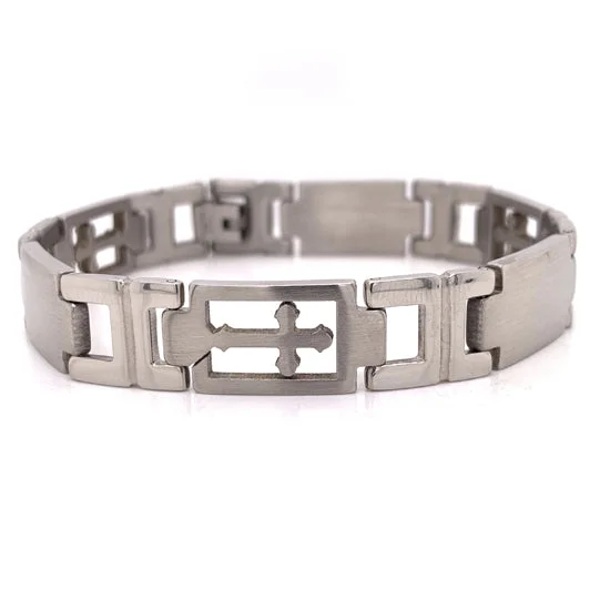 ladies-cuff-pearl-bracelets-Stainless Steel Cross Cutout Bracelet / BRJ2024