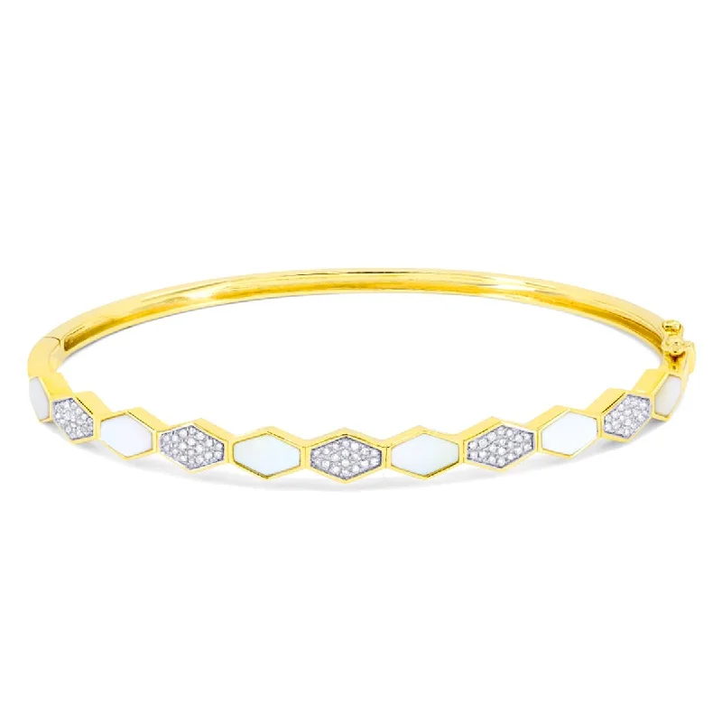 ladies-infinity-gold-bracelets-YELLOW GOLD DIAMOND AND MOTHER-OF-PEARL BANGLE BRACELET, .26 CT TW