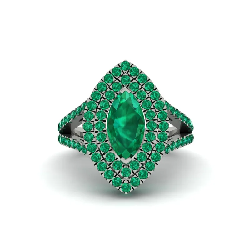 Ladies engagement rings brushed band -Marquise Emerald Double Halo Engagement Ring - Avah No. 21