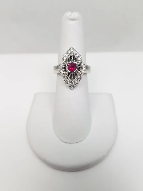 Ladies rings for charity events -Vintage Inspired Natural Ruby + Diamond 14k White Gold Ring