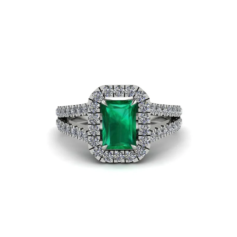 Ladies engagement rings for dreamy proposals -Radiant Cut Emerald Halo Split Shank Engagement Ring - Lainey No. 6