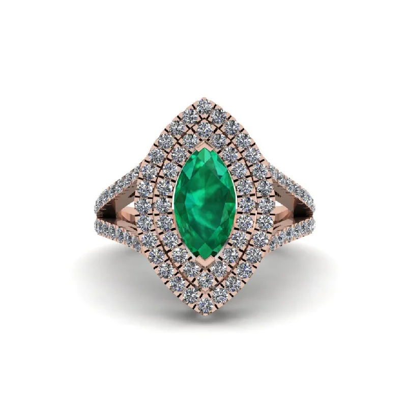 Ladies engagement rings for elegant romance -Marquise Emerald Double Halo Engagement Ring - Avah No. 5