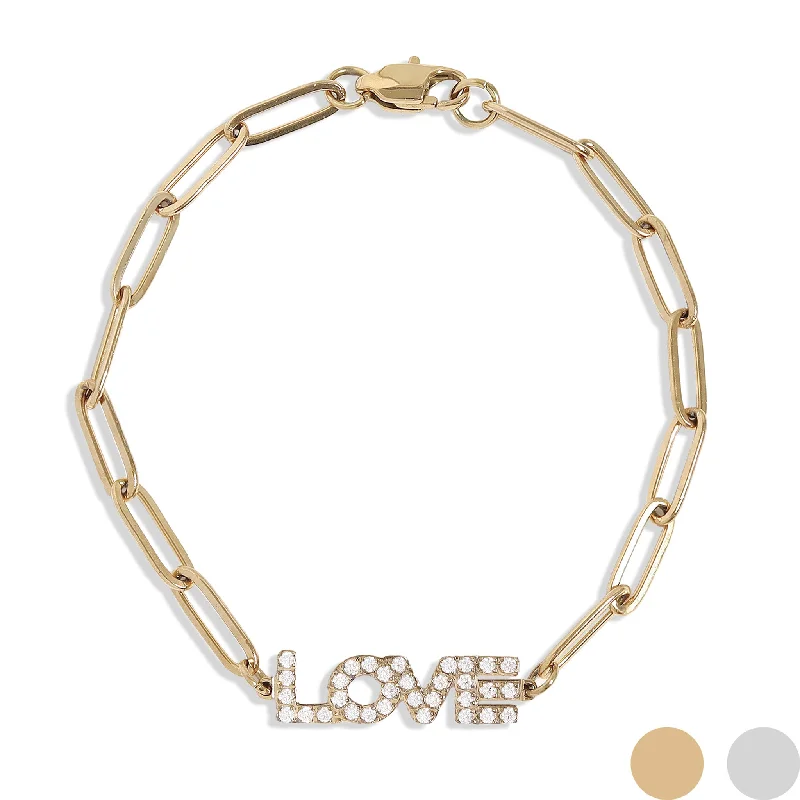 ladies-sterling-silver-cuff-bracelets-18K Gold PVD Stainless Steel CZ "Love" Paperclip Chain Bracelet / BRJ1004