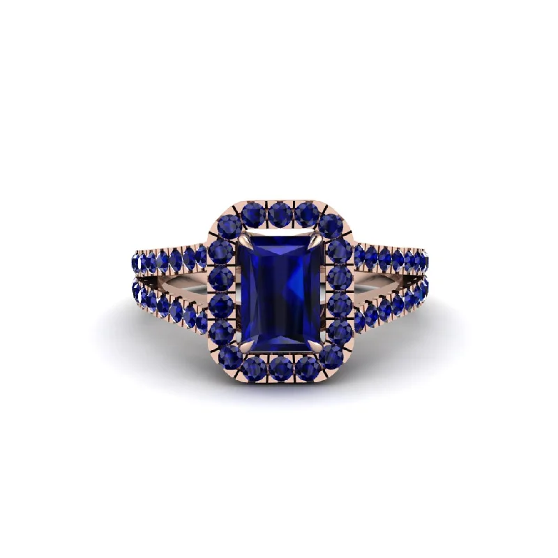 Ladies engagement rings chic cut design -Radiant Cut Sapphire Halo Split Shank Engagement Ring - Lainey No. 74