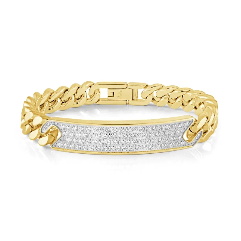 ladies-name-diamond-bracelets-MEN'S CURB LINK GOLD TONE STEEL BRACELET WITH PAVE CUBIC ZIRCONIA PLATE