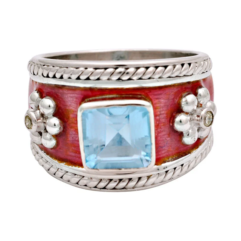 Ladies rings for teens -Ring-Blue Topaz and Diamond (Enamel)