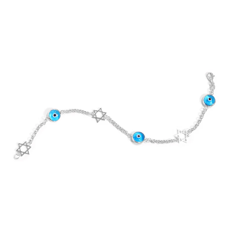 ladies-artisan-pearl-bracelets-Sterling Silver Blue Evil Eye Star of David Bracelet / DIS0044