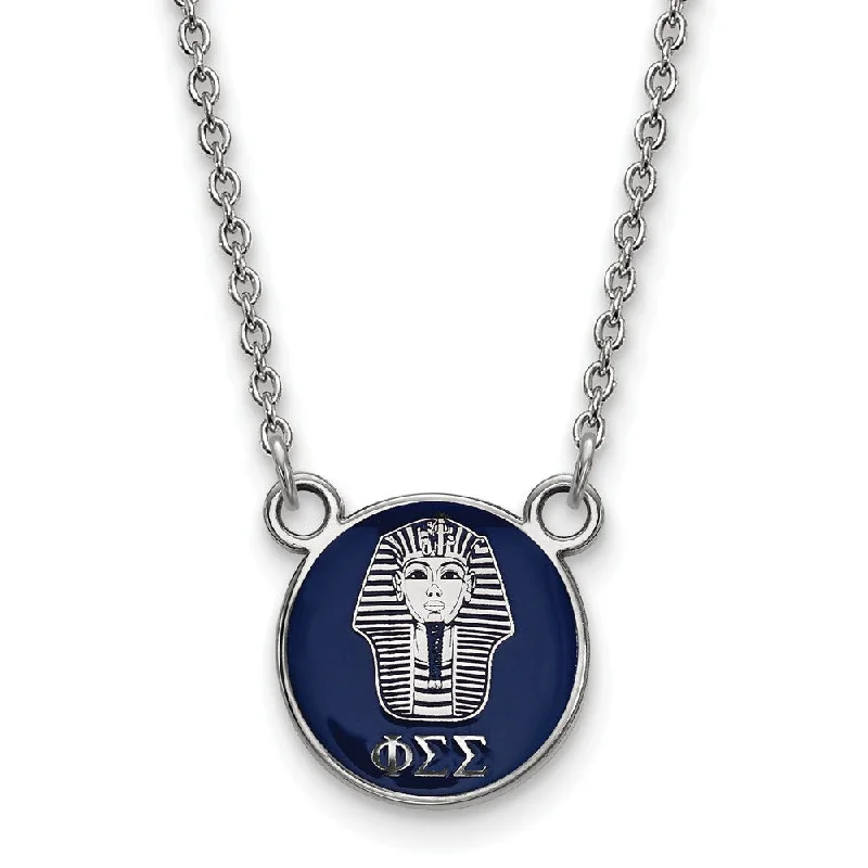 ladies-wedding-pearl-necklaces-Sterling Silver Phi Sigma Sigma Small Navy Enamel Sphinx Disc Necklace