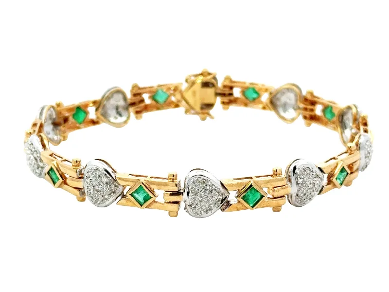 ladies-delicate-pearl-bracelets-14k Yellow Gold Diamond Heart and Emerald Link Bracelet