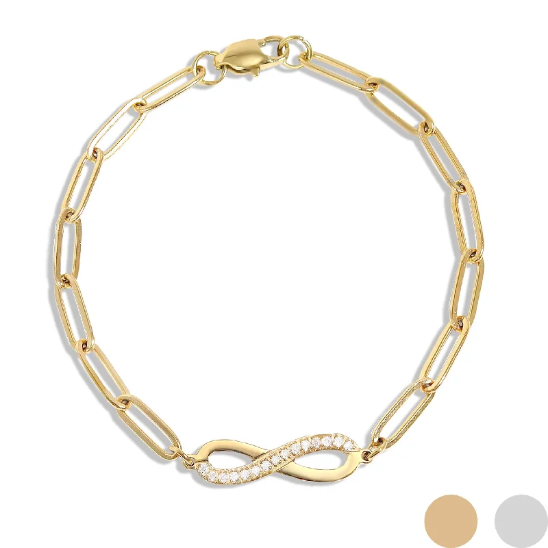 ladies-elegant-gold-bracelets-18K Gold PVD Stainless Steel Stone "Infinity" Paperclip Chain Bracelet / BRJ1007