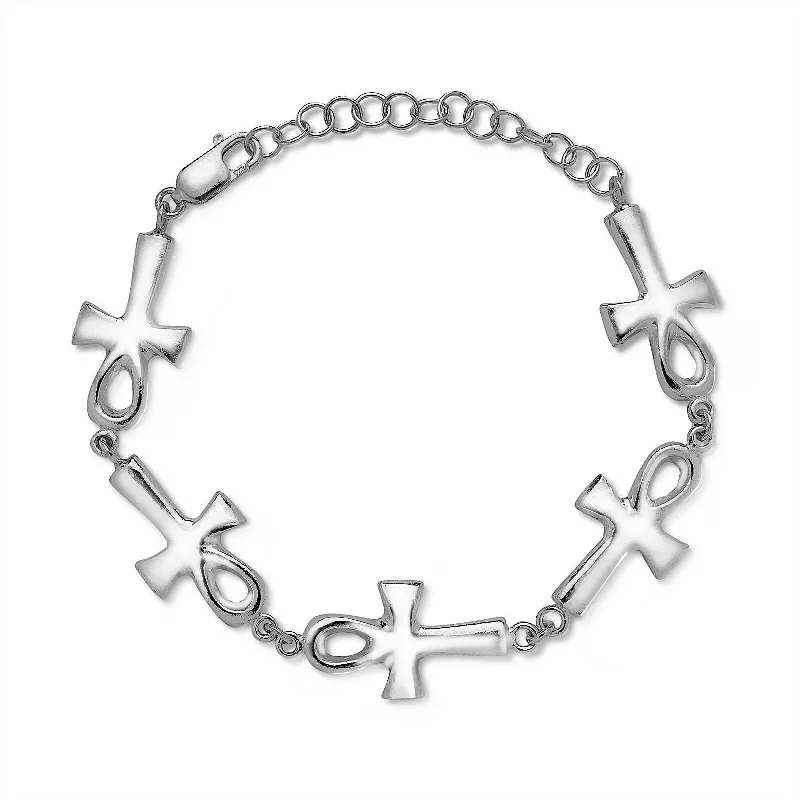 ladies-birthstone-bangle-bracelets-Ankh Cross .925 Sterling Silver Adjustable Link Bracelet