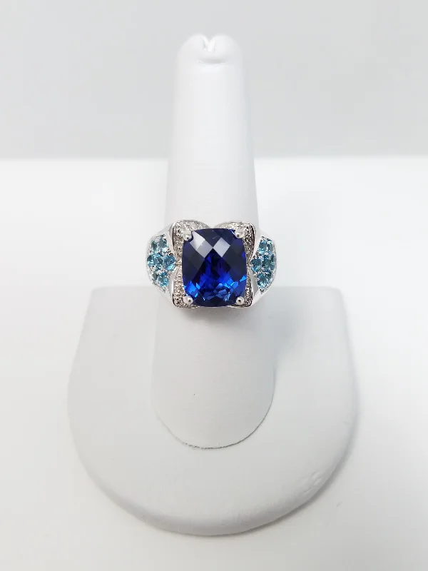 Ladies rings trendy bands -*Store Closing* New! Ornate Synthetic Sapphire Topaz + Diamond 18k White Gold Ring