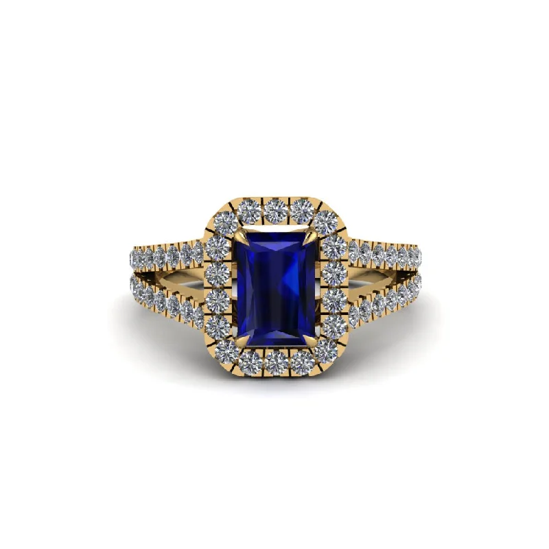 Ladies engagement rings with bypass design -Radiant Cut Sapphire Halo Split Shank Engagement Ring - Lainey No. 13