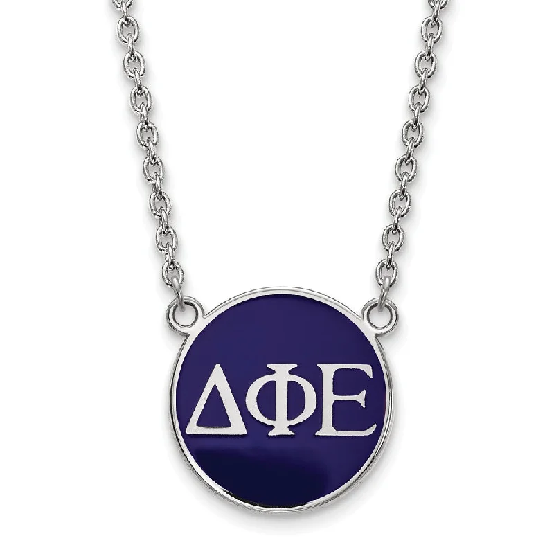 ladies-birthstone-diamond-necklaces-Sterling Silver Delta Phi Epsilon Large Blue Enamel Disc Necklace