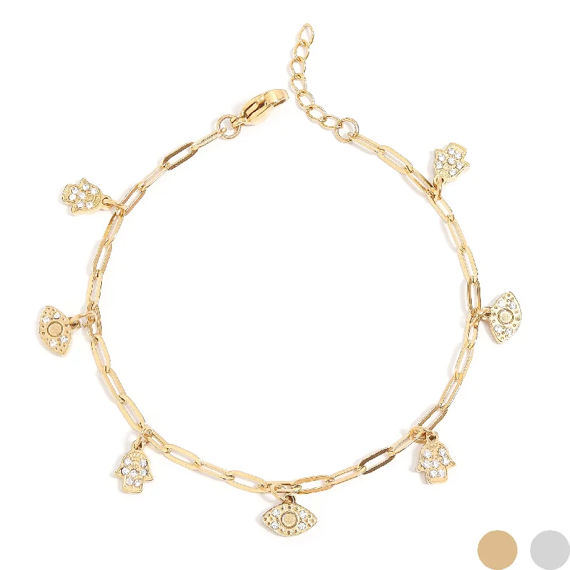 ladies-flower-diamond-bracelets-18K Gold PVD Hamsa & Evil Eye Paperclip Chain Charm Bracelet / BRJ1010