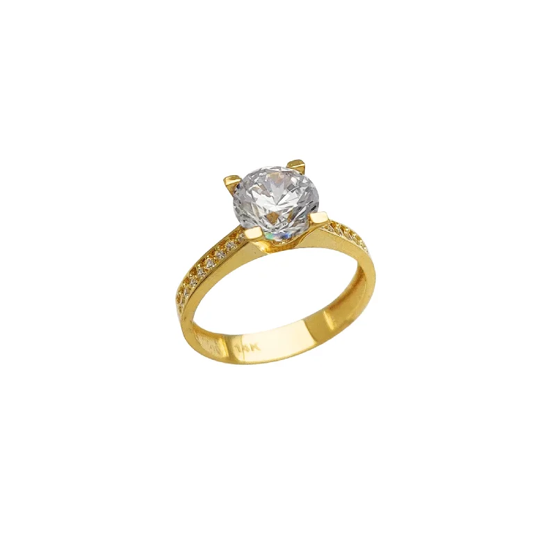 Ladies engagement rings with wave shank -Single-Row Pavé Accented CZ Engagement Ring (14K)