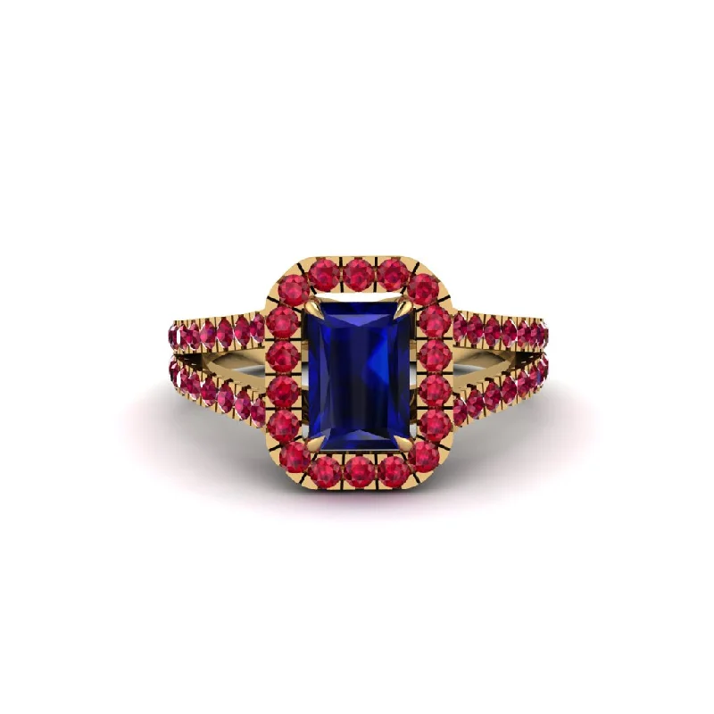 Ladies engagement rings with orbit design -Radiant Cut Sapphire Halo Split Shank Engagement Ring - Lainey No. 58