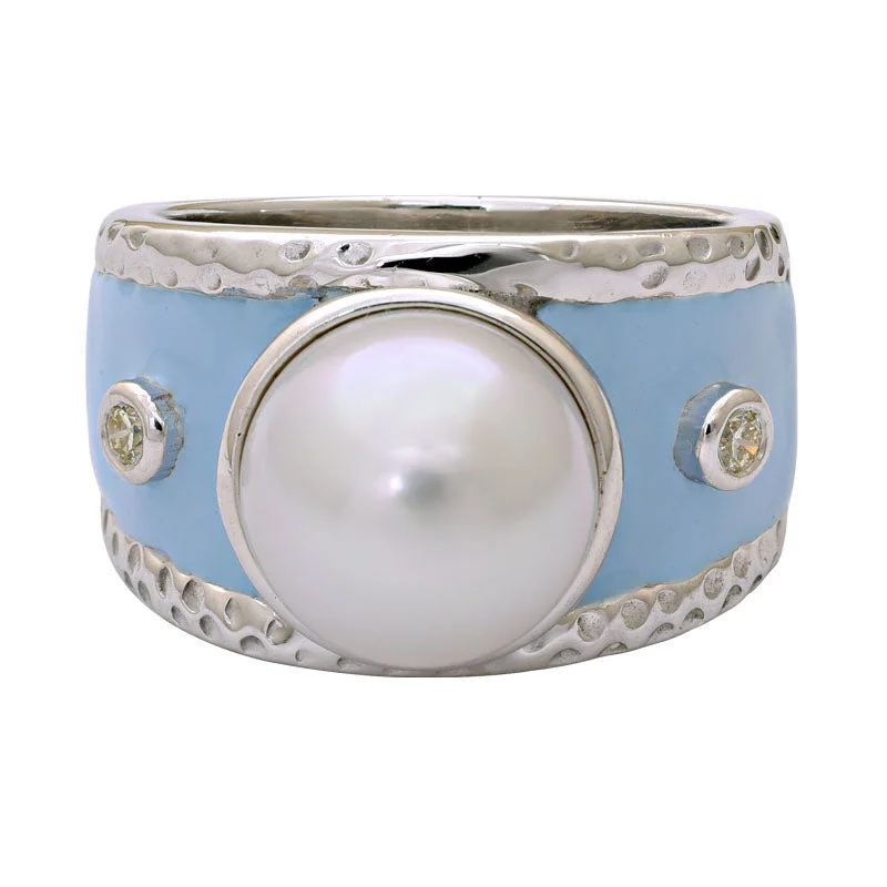 Ladies rings silver tone -Ring-South Sea Pearl and Diamond (Enamel)