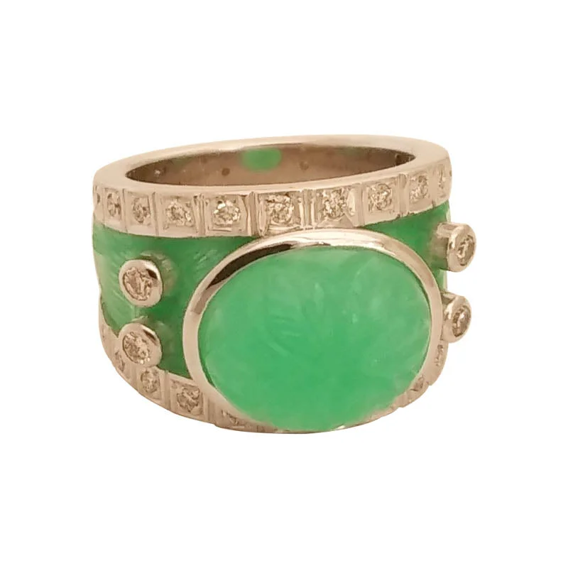 Ladies rings sleek finish -RING- CHRYSOPRASE AND DIAMOND (ENAMEL) IN STERLING SILVER