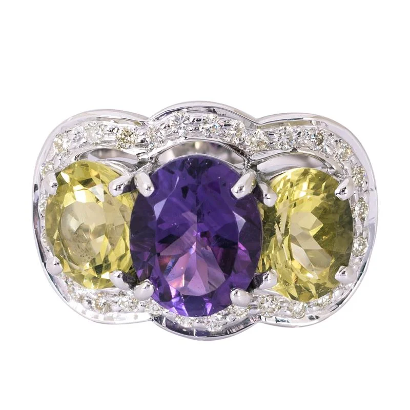 Ladies rings floral patterns -Ring- Amethyst, Lemon Quartz and Diamond  (265KS)