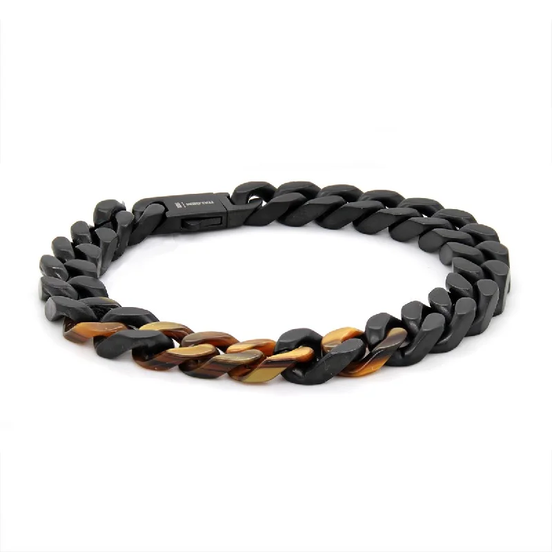 ladies-statement-gold-bracelets-MEN'S BLACK MATTE FINISHED STEEL BRACELET WITH TIGER EYE