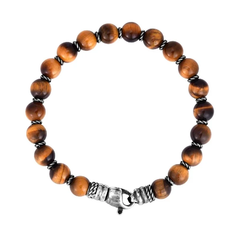 ladies-link-bracelets-STERLING SILVER AND TIGER'S EYE BEADED BRACELET