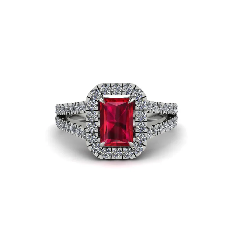 Ladies engagement rings old mine cut -Radiant Cut Ruby Halo Split Shank Engagement Ring - Lainey No. 12