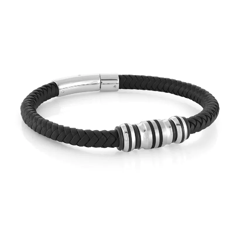 ladies-cross-diamond-bracelets-MEN'S STAINLESS STEEL AND BLACK LEATHER BRACELET