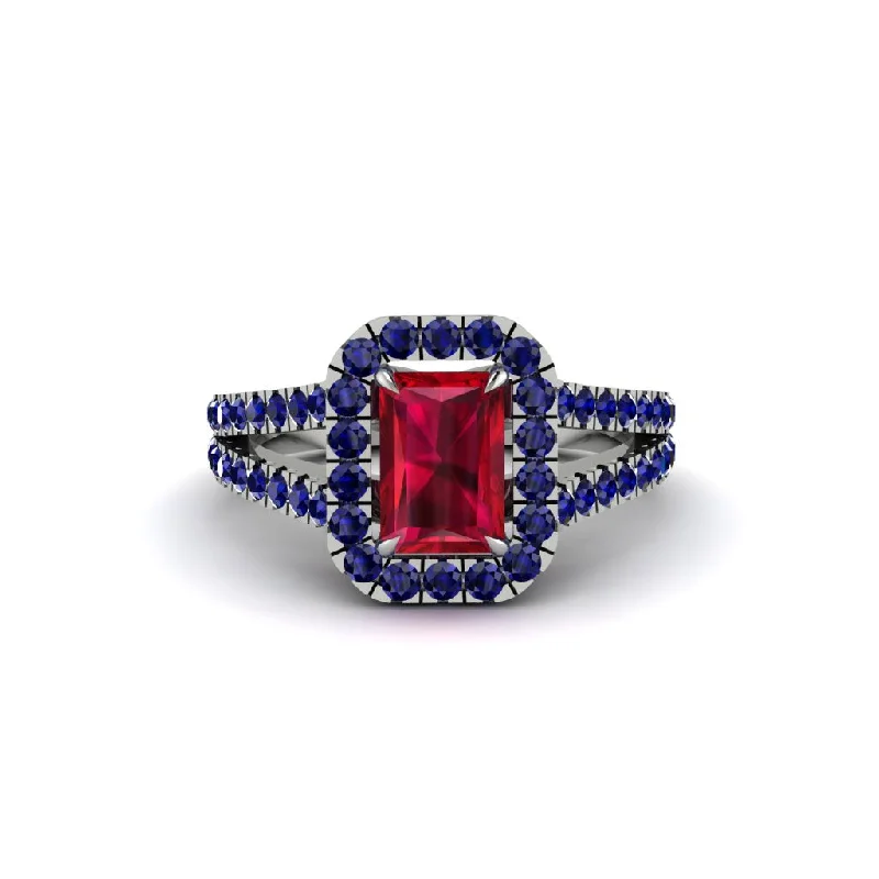 Ladies engagement rings elegant cut design -Radiant Cut Ruby Halo Split Shank Engagement Ring - Lainey No. 72