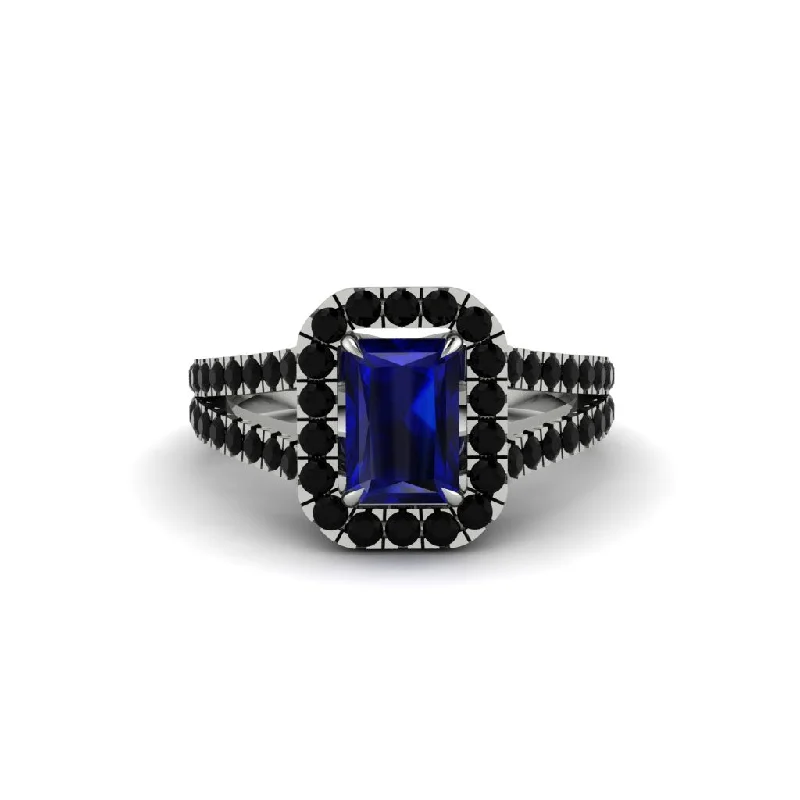 Ladies engagement rings with moon design -Radiant Cut Sapphire Halo Split Shank Engagement Ring - Lainey No. 45