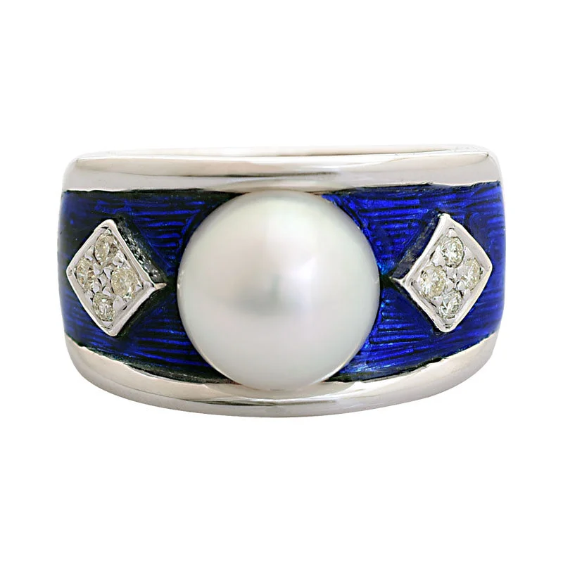 Ladies rings with wolf designs -Ring-South Sea Pearl and Diamond (Enamel)